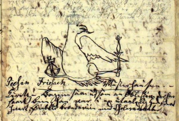 Х.К. Андерсен. Рисунок птицы с короной, скипетром и посохом, 1831 года