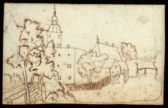 Х.К. Андерсен. Рисунок усадебного дома с башней, окруженного рвом с мостами