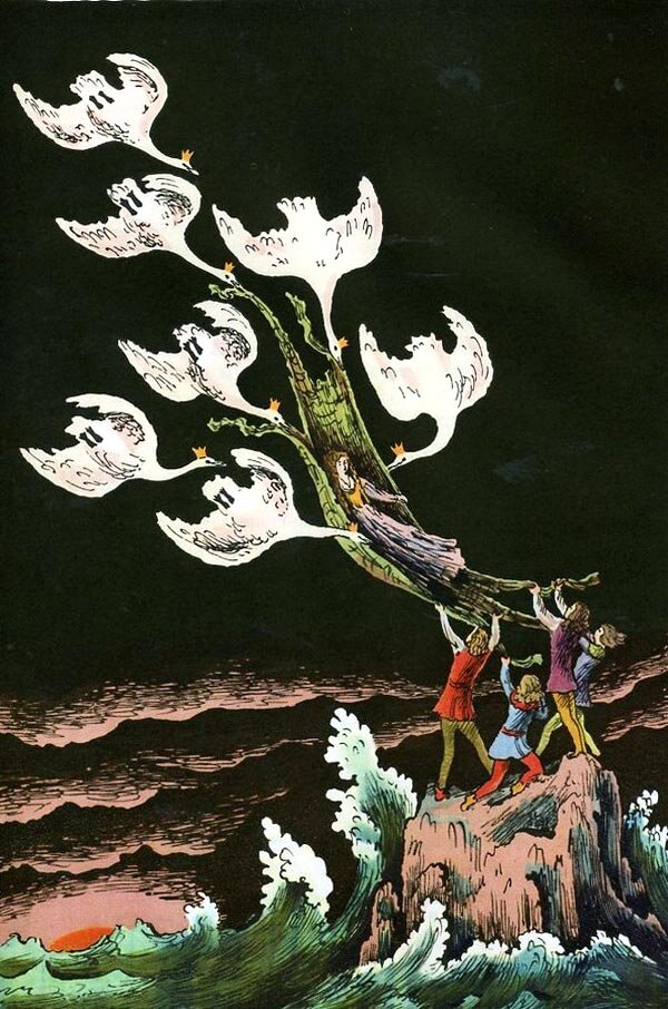 Иллюстрации Владимира Конашевича к сказке «Дикие лебеди»