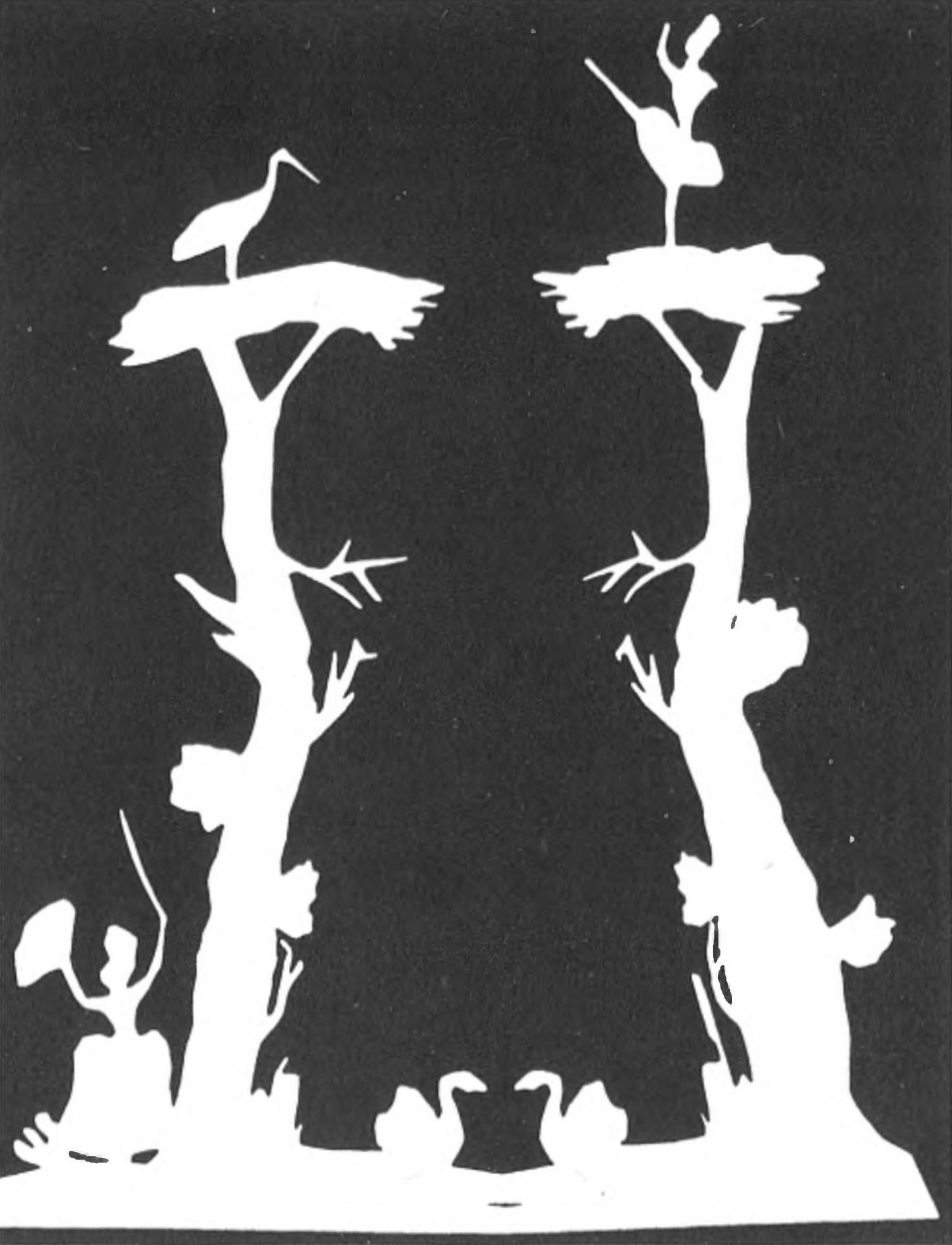 Андерсен искусно вырезал бумажные фигуры. Здесь изображены аист и танцовщица, герои его сказок