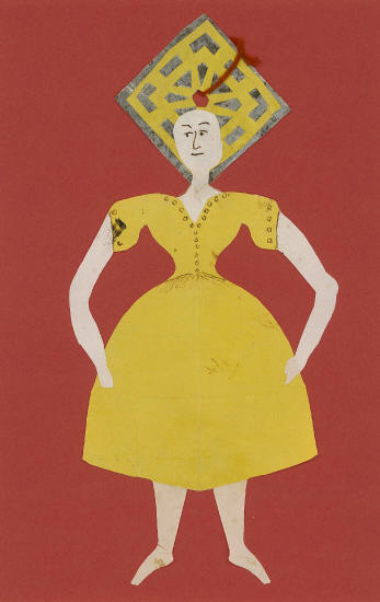 Дама в желтом платье (раскрашено карандашом) и квадратной узорчатой шляпе. Вырезка для рождественской елки