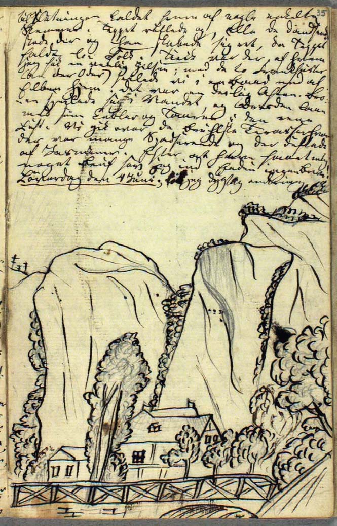 Х.К. Андерсен. Рисунок дома (мельницы), деревьев, моста и гор в горах Гарц, июнь 1831 года