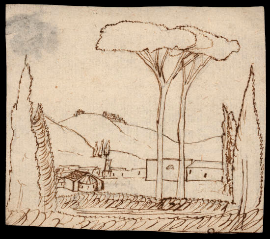 Х.К. Андерсен. Рисунок деревни с церковью, кипарисами и двумя высокими соснами