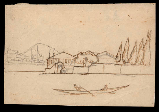 Х.К. Андерсен. Два человека в лодке на воде, на заднем плане здания, кипарисы и горный пейзаж