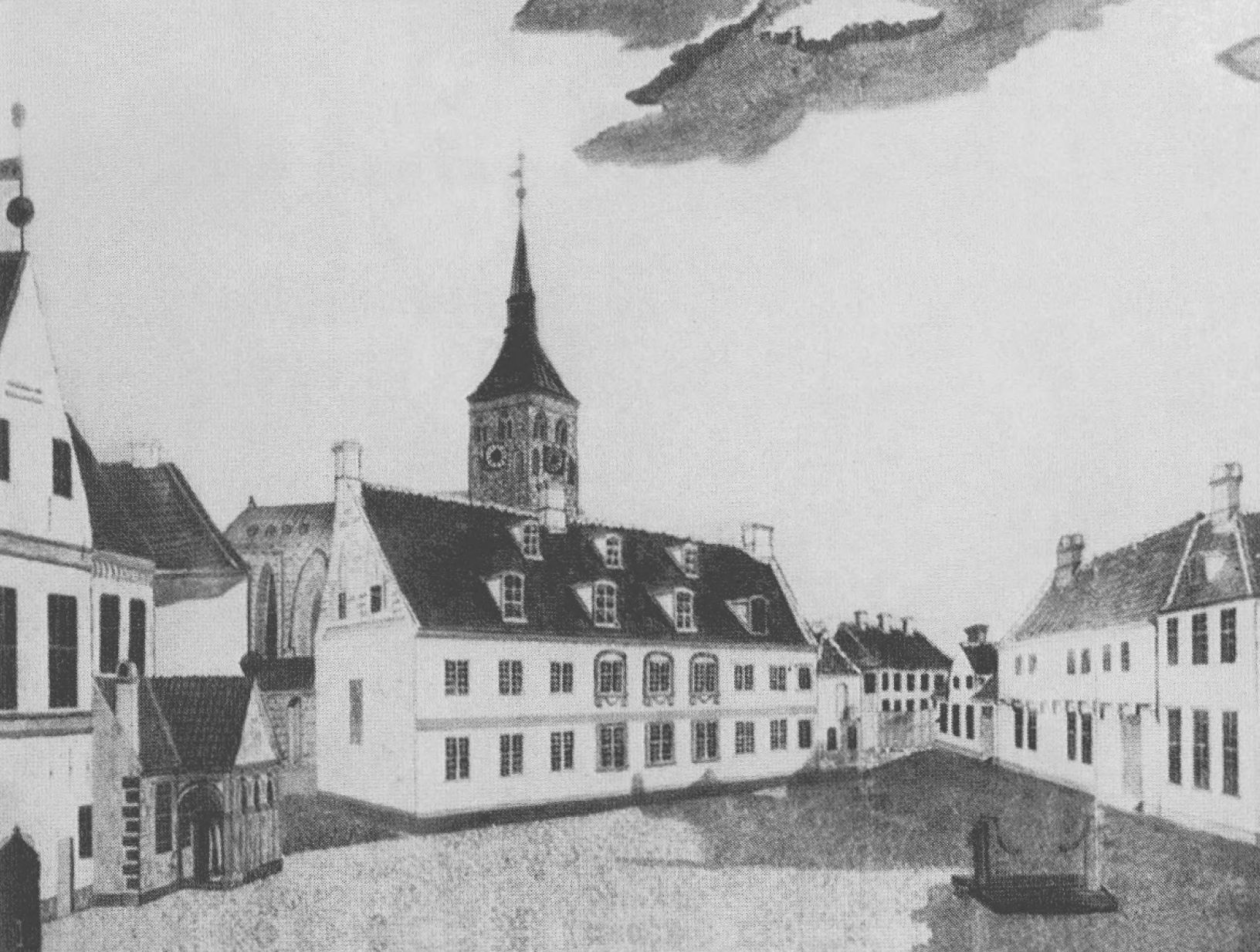 Оденсе. На заднем плане — церковь Святого Кнуда, где конфирмовался Андерсен. 1811 г.