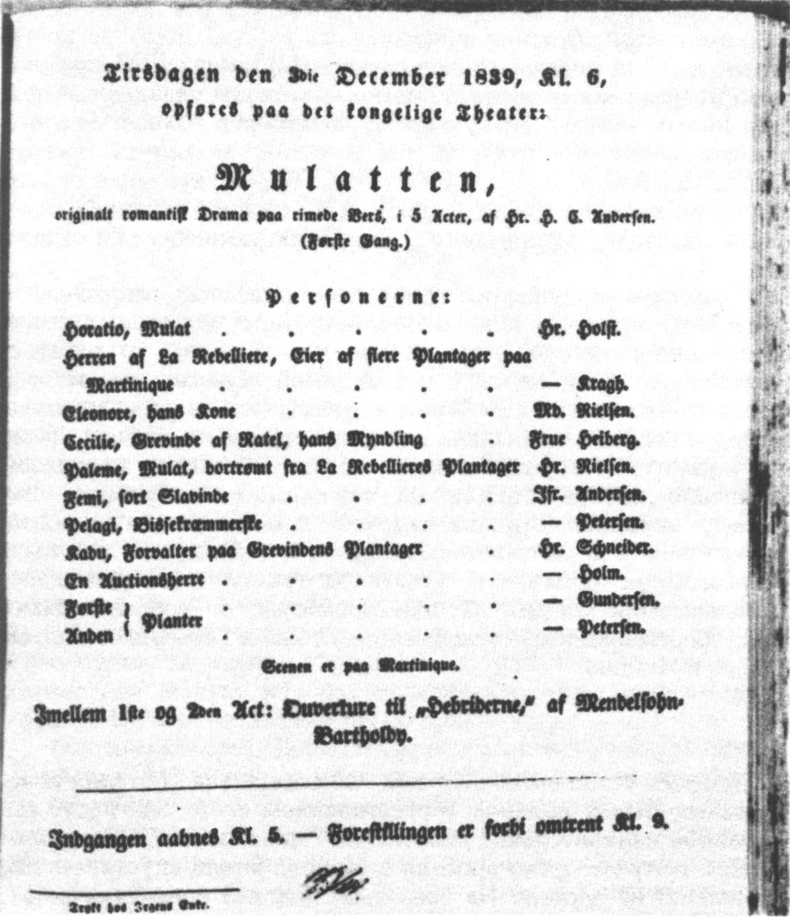 Программа премьеры пьесы Андерсена «Мулатка» 6 декабря 1839 г.