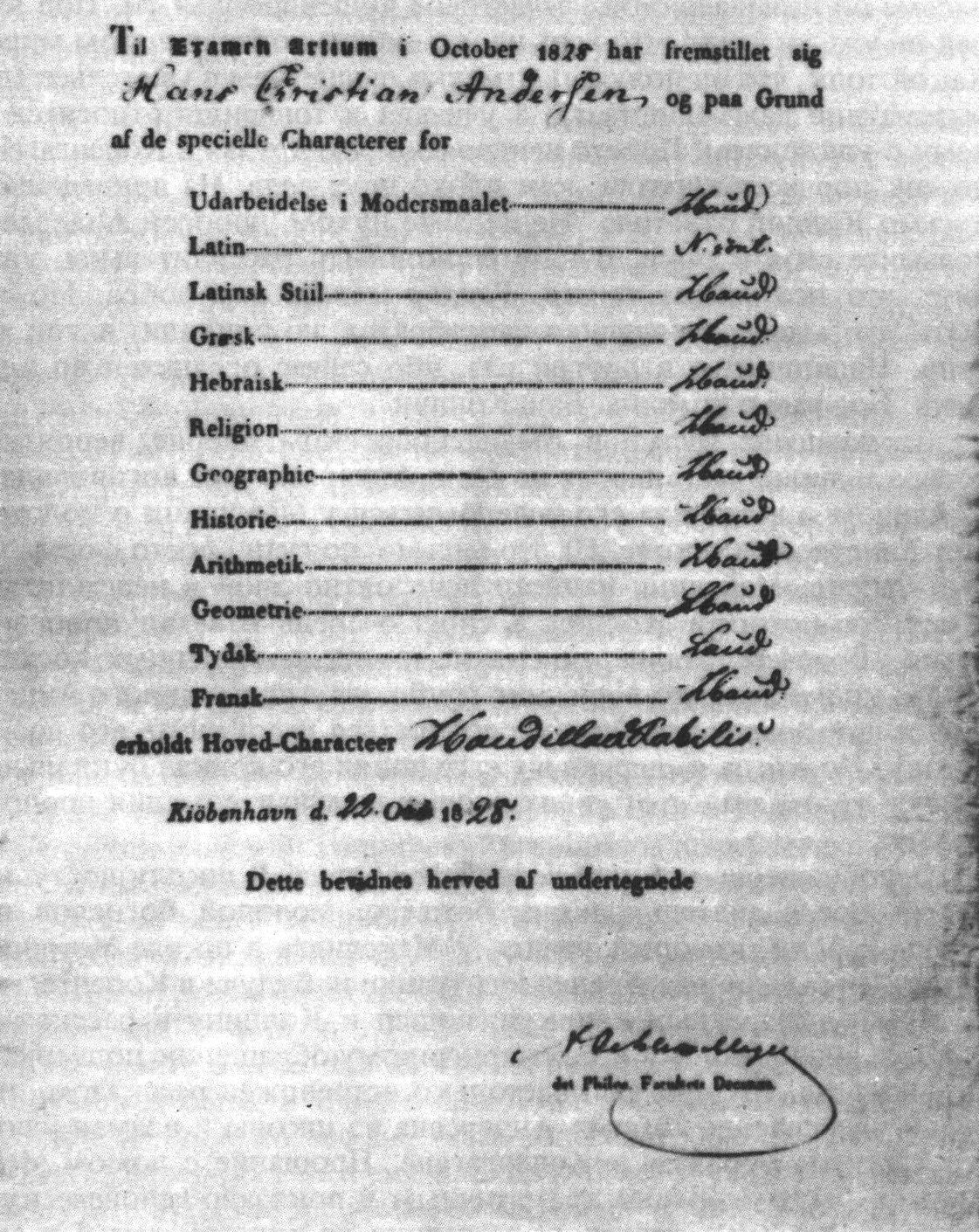 Аттестат Андерсена только с отличными оценками, выданный 28 октября 1828 года