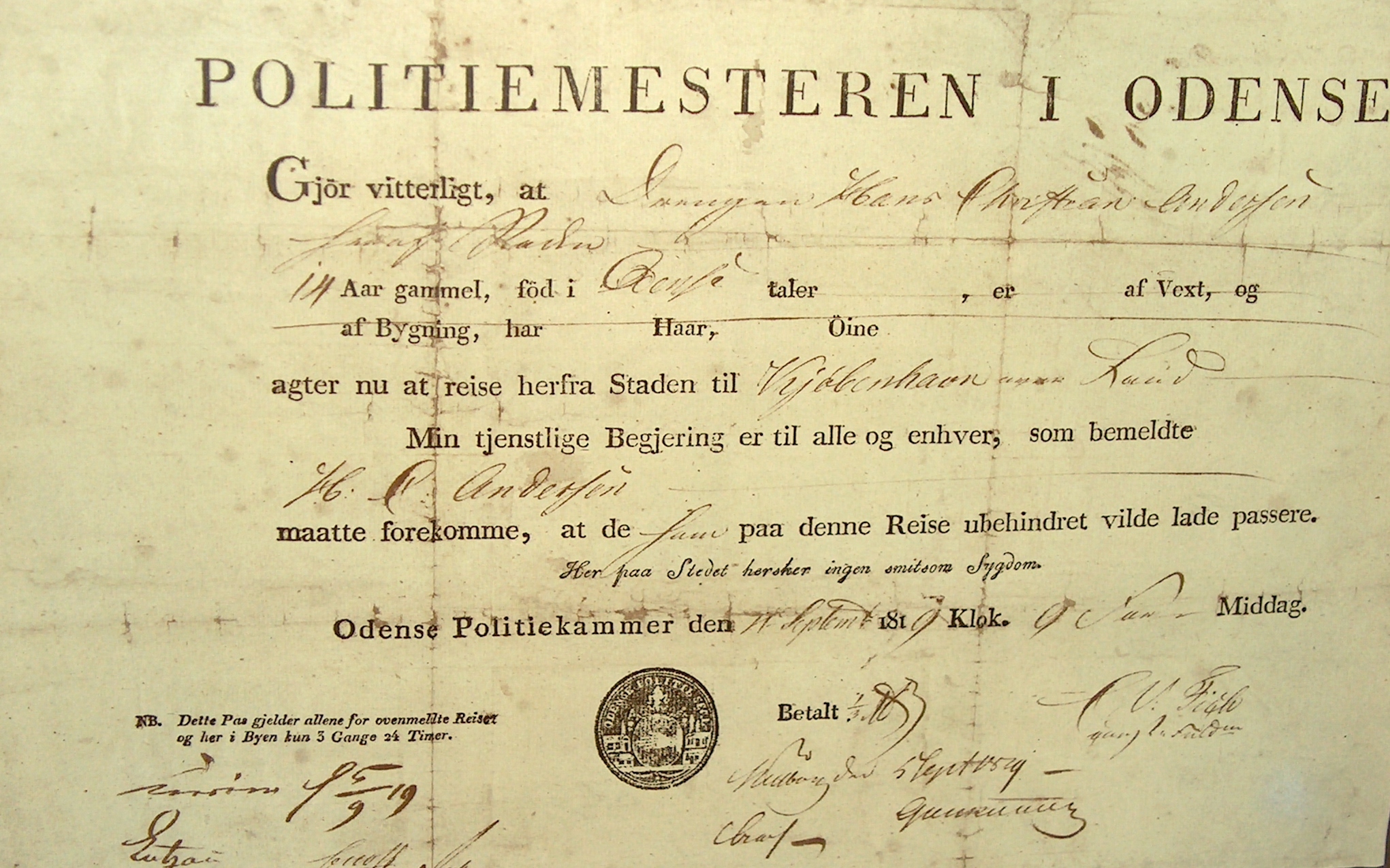Паспорт Андерсена, выданный ему 5 сентября 1819 года