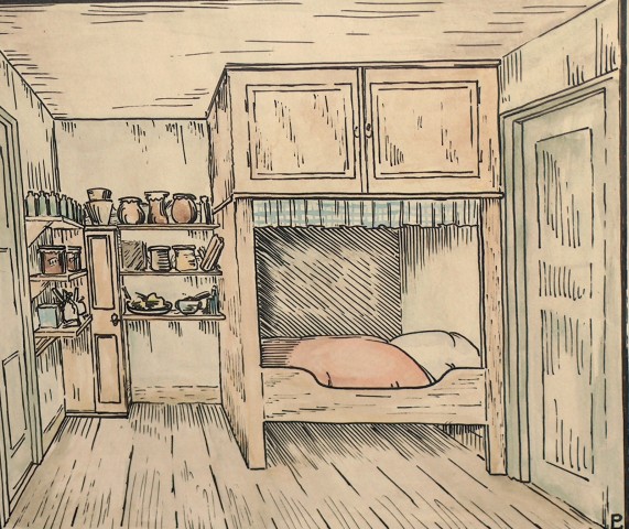 Эскиз комнаты, где Андерсен жил у мадам Торгесен. Рисунок П. Линде 1932 года