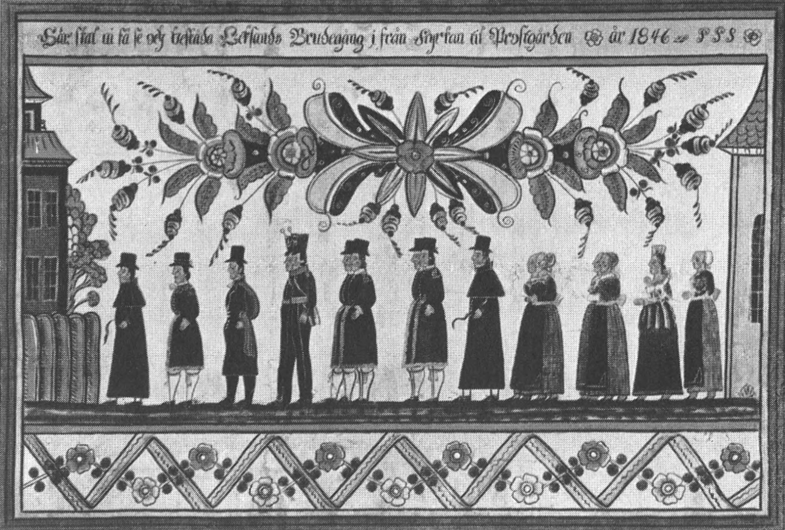 Работа далекарлийского художника из города Лександ. На картине изображена свадебная процессия. 1846 г.