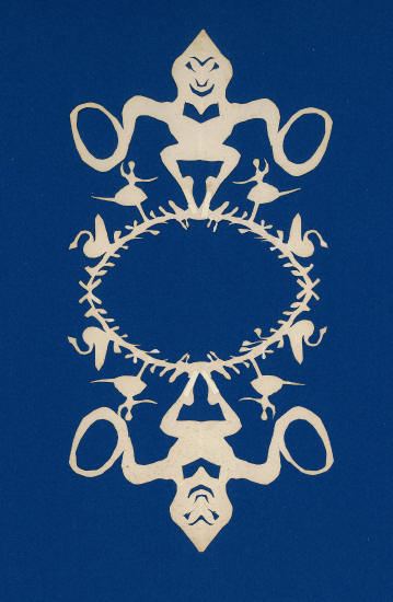 Венок с остроголовым,  фокусником, лебеди и балерины танцуют на заостренном овале. Вырезка из белой бумаги на синем фоне. 1859 г.