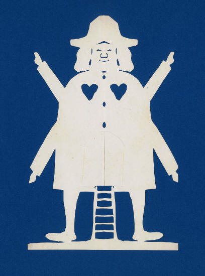 Человек-мельница со шляпой-лестницей и двумя сердцами. Вырезка из белой бумаги. 1859 г.
