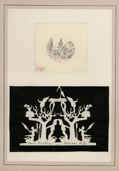 Вырезка из белой бумаги на черном фоне. Деревья, лебеди, ангелы с зонтиками, гоблины, балерины, аист в гнезде. 1870 г.