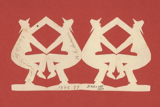 Цепочка танцующих людей. Подпись «Вырезано для детей Мадам Джерихау Х.К. Андерсеном 1848-49.»
