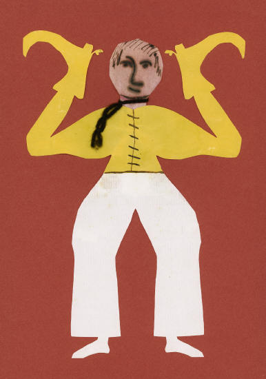 Человек в желтой рубашке, белых штанах и носках. Но руках у него желтые сапоги со шпорами
